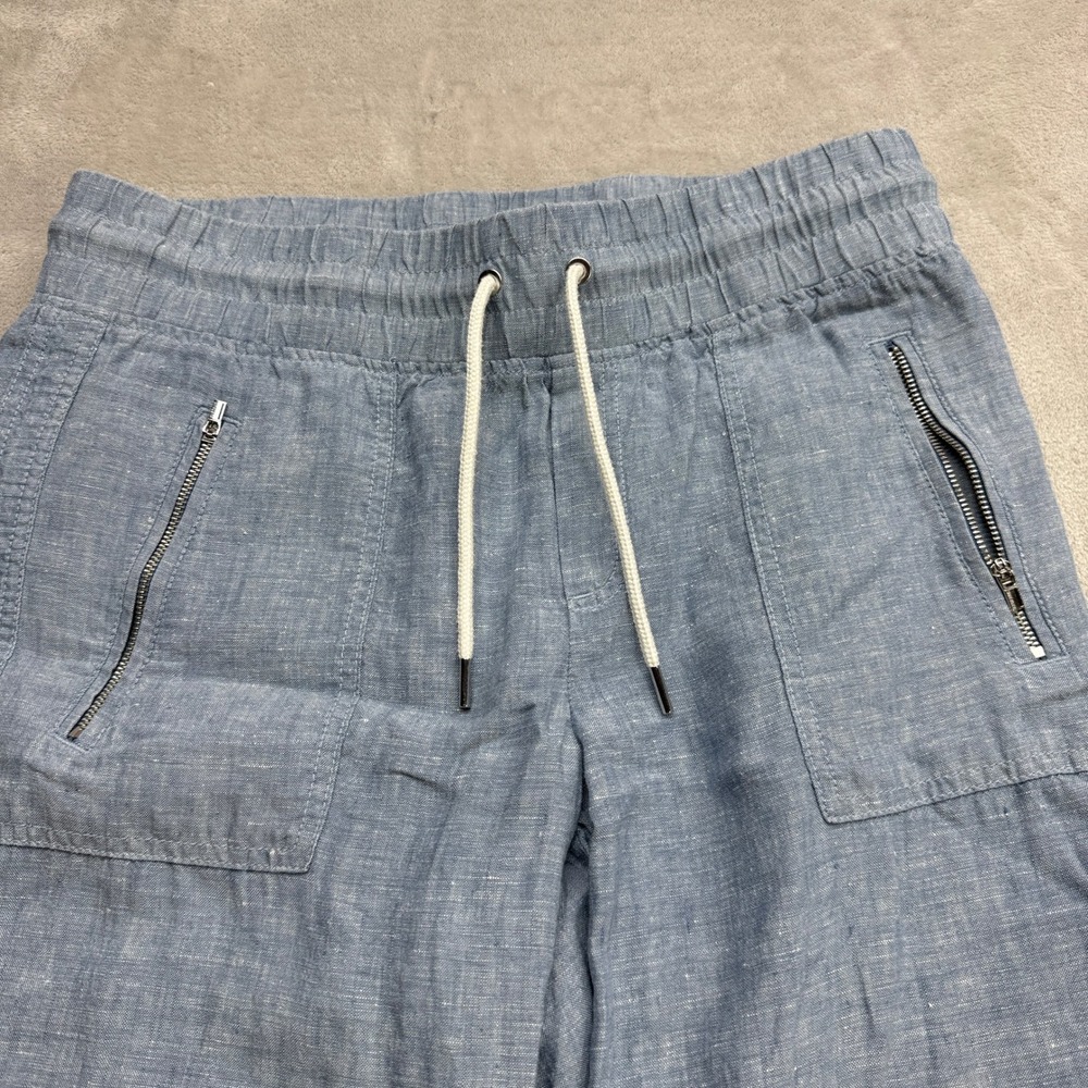 Athleta Cabo Linen Wide Leg Pant Women 8 Blue Smocked Waist Pocket Boho Travel - Picture 2 of 11